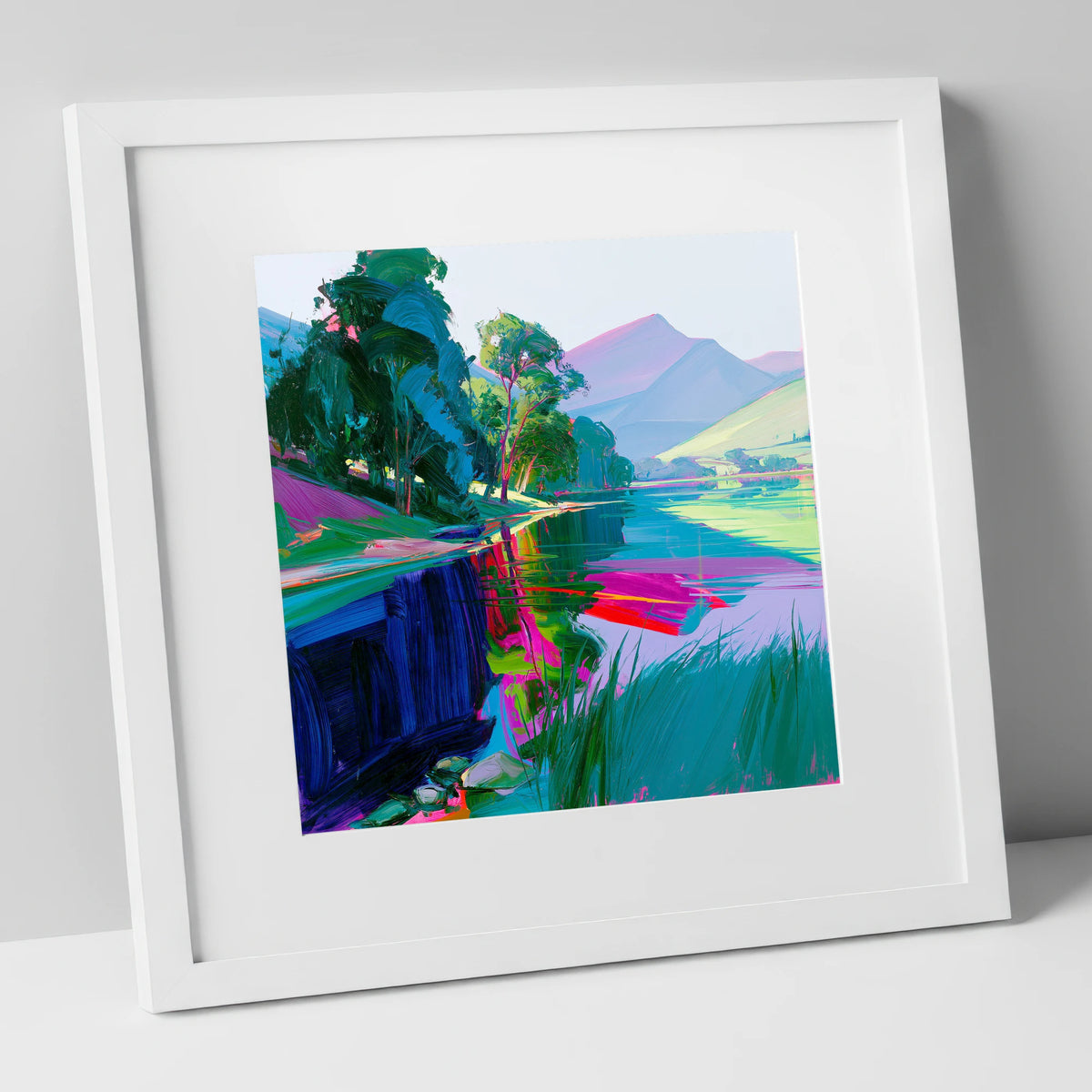Vibrant Lake Reflections at Dawn lake district lake art print in white frame