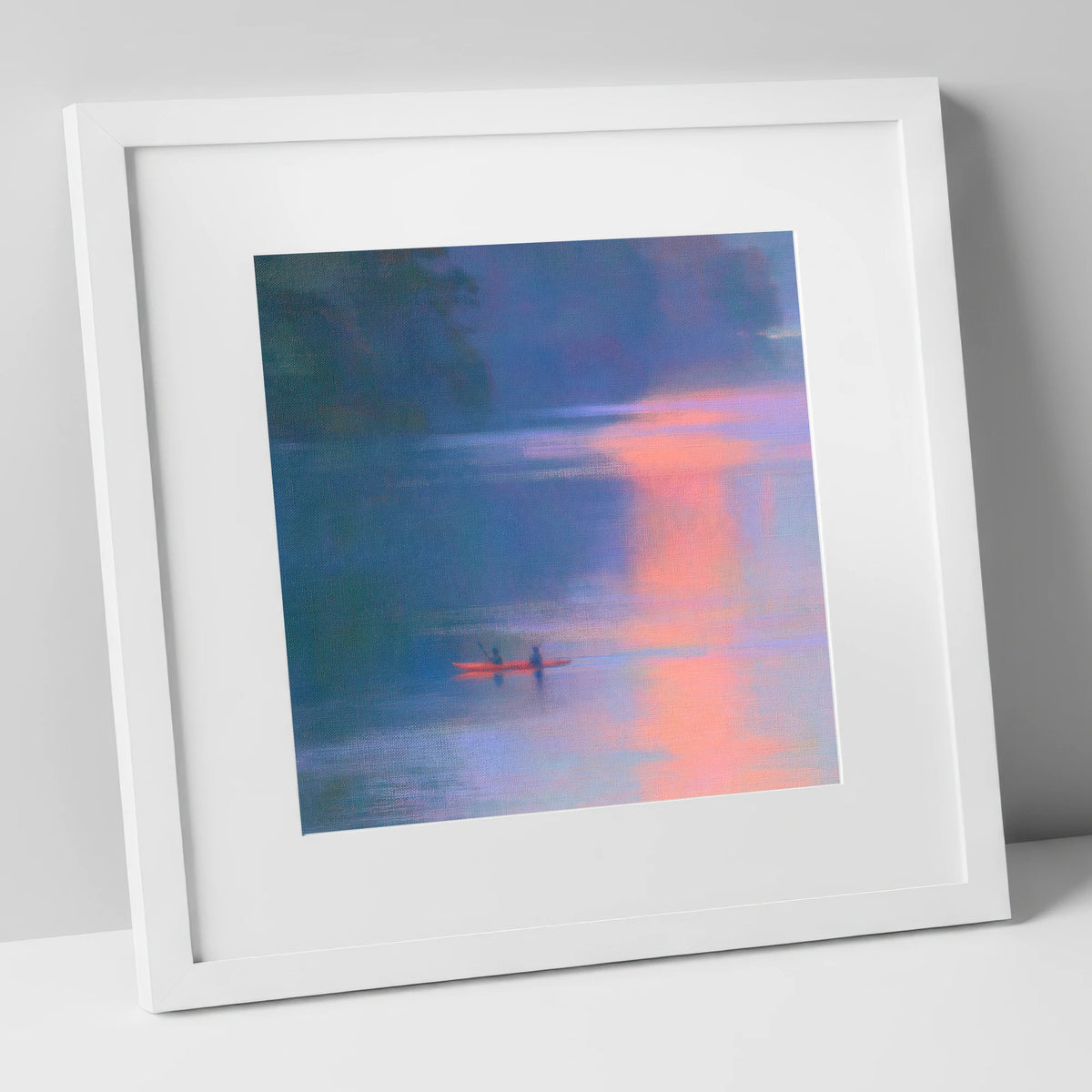 Lake Kayaking in Pink Evening Light lake district walking art print in white frame