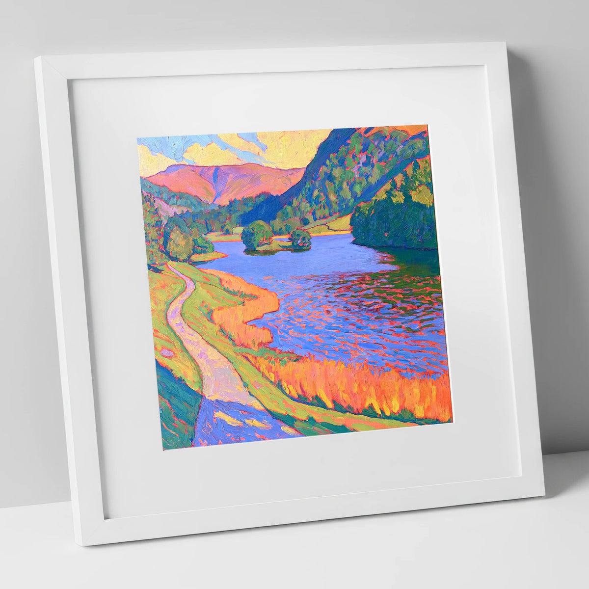 Vivid Path Beside Rydal Water lake district lake art print in white frame