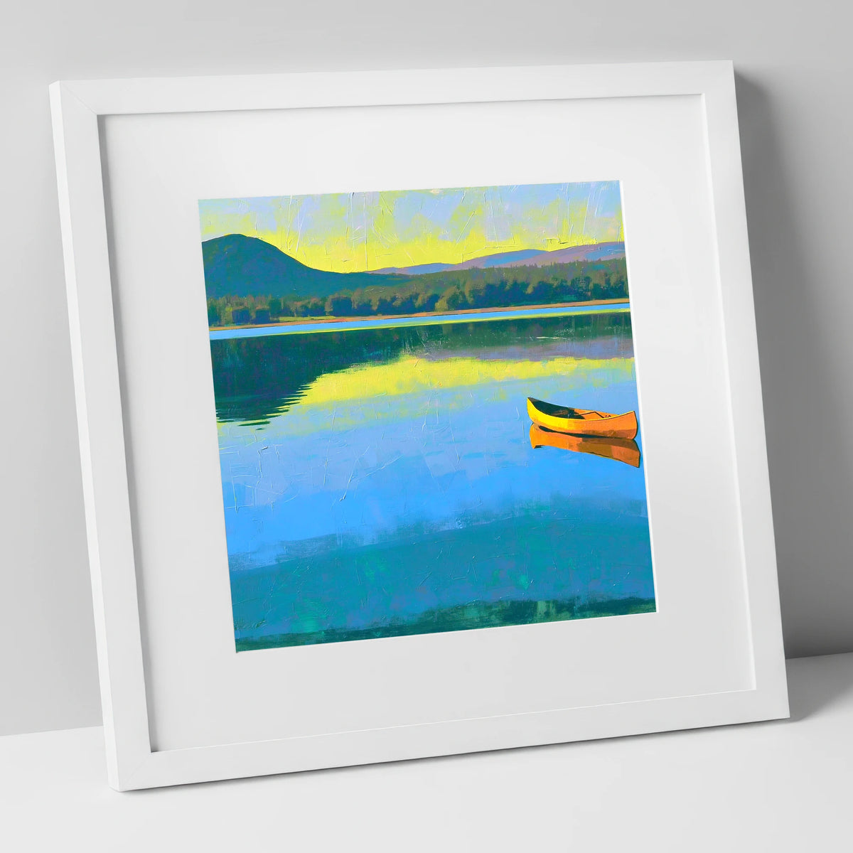 Bold Yellow Canoe on Windermere lake district lake art print in white frame
