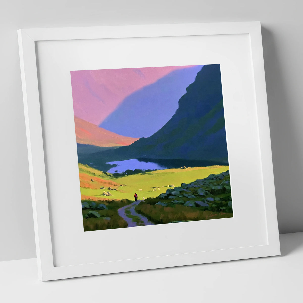 Lone Hiker in Vibrant Fells lake district walking art print in white frame