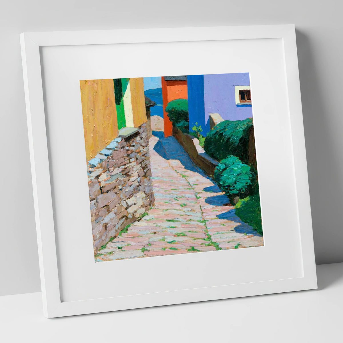 Colourful Cobbled Village Street lake district village art print in white frame