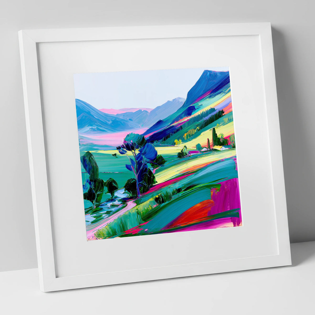 Vivid Morning Mist Valley lake district sky art print in white frame