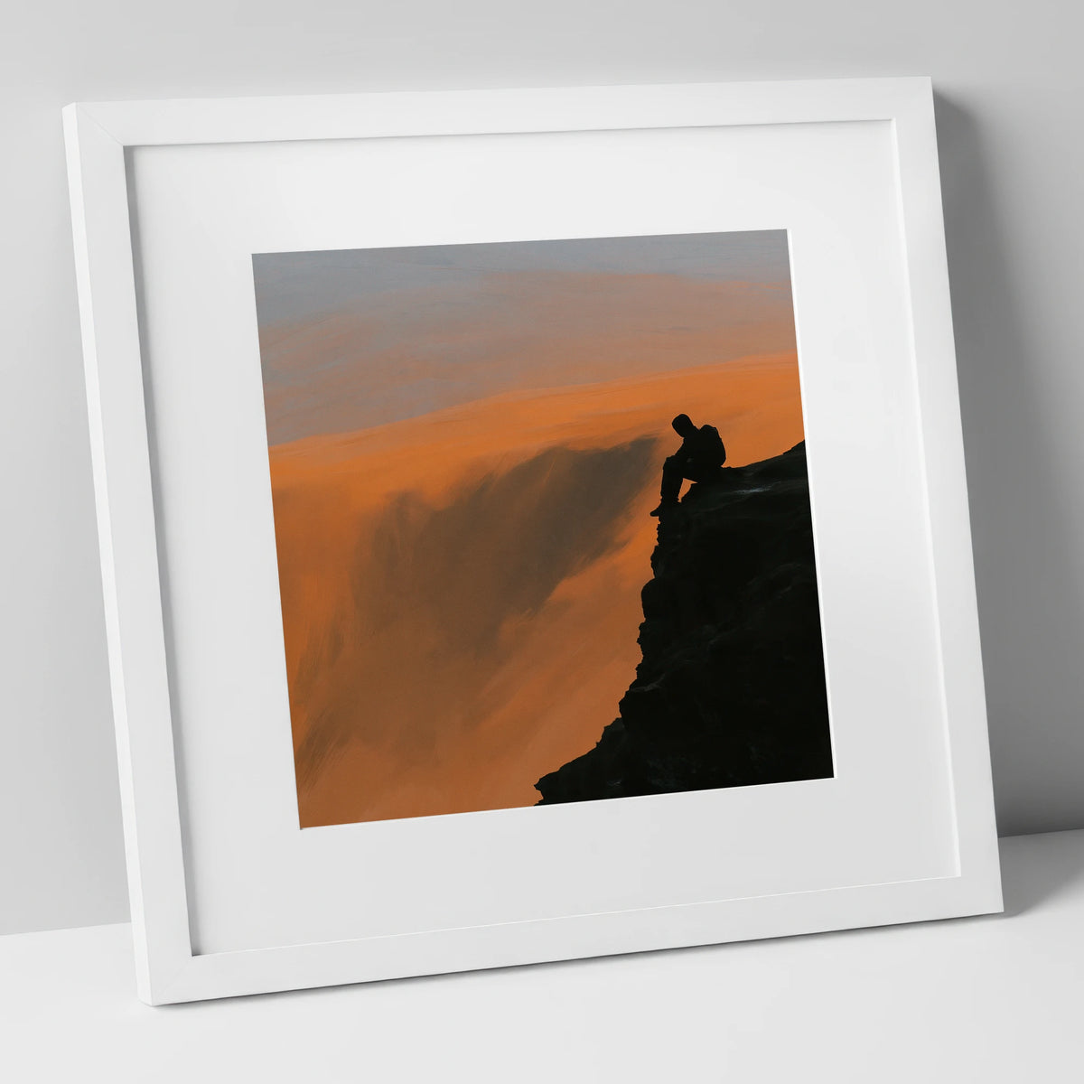 Blencathra Walker Silhouette in Amber lake district fell art print in white frame