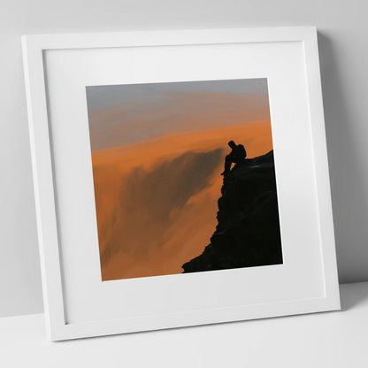 Blencathra Walker Silhouette in Amber lake district fell art print in white frame