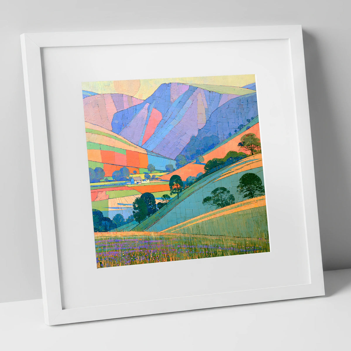 Vibrant Patchwork Fells at Evening lake district sky art print in white frame
