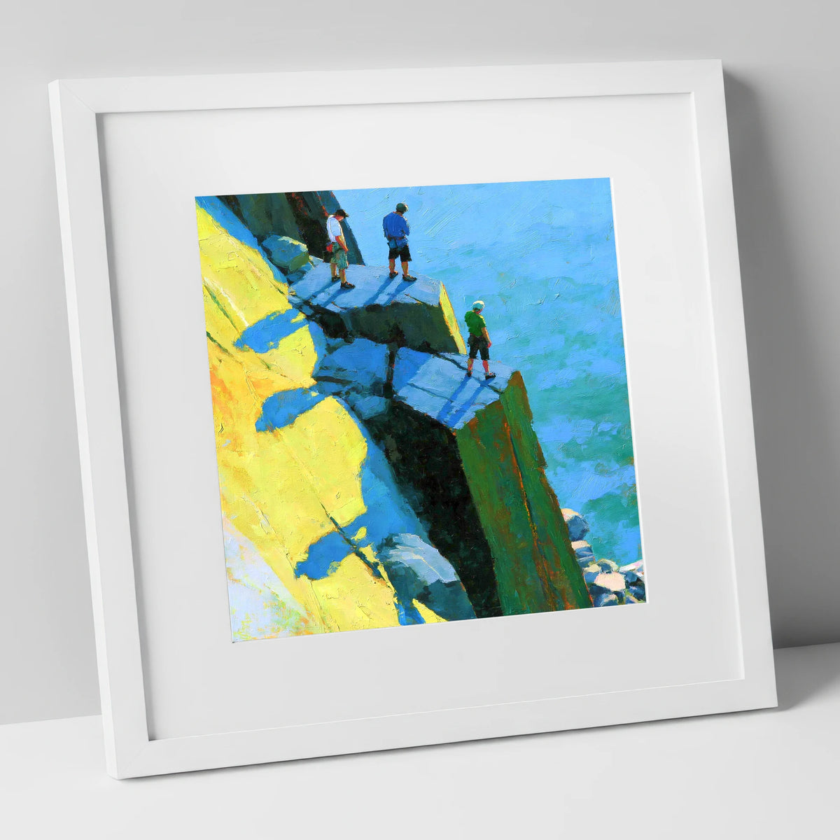 High Crag Climbers in Bright Sun lake district walking art print in white frame
