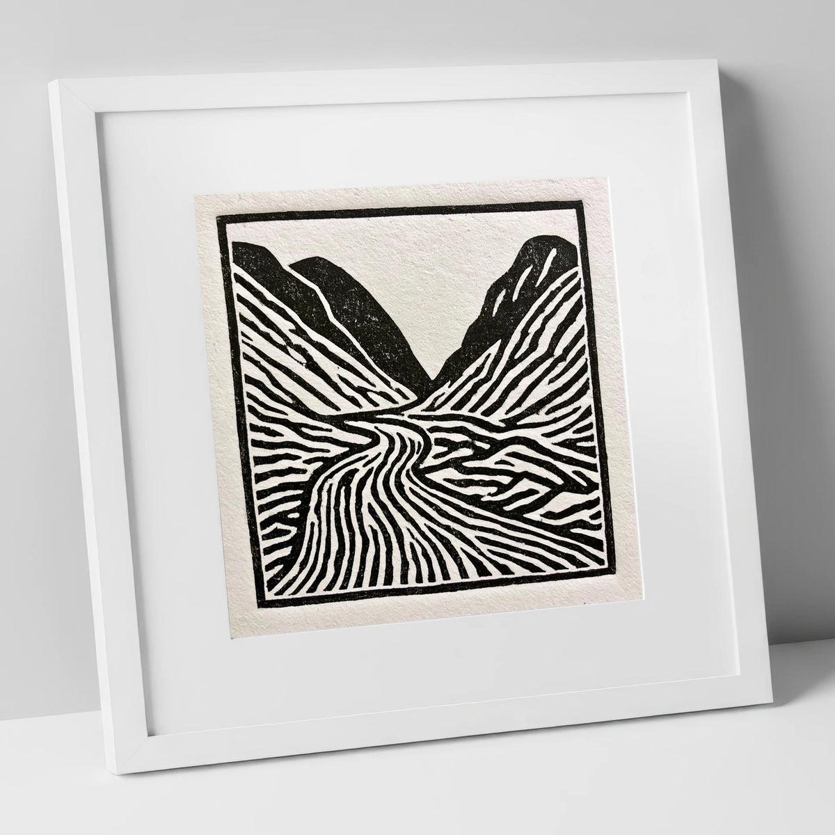 Monochrome Honister Pass Valley lake district valley art print in white frame