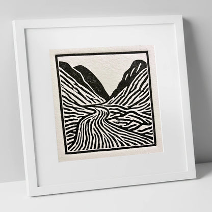 Monochrome Honister Pass Valley lake district valley art print in white frame