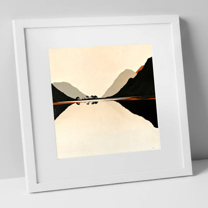 Minimalist Dawn Lake Silhouette lake district lake art print in white frame