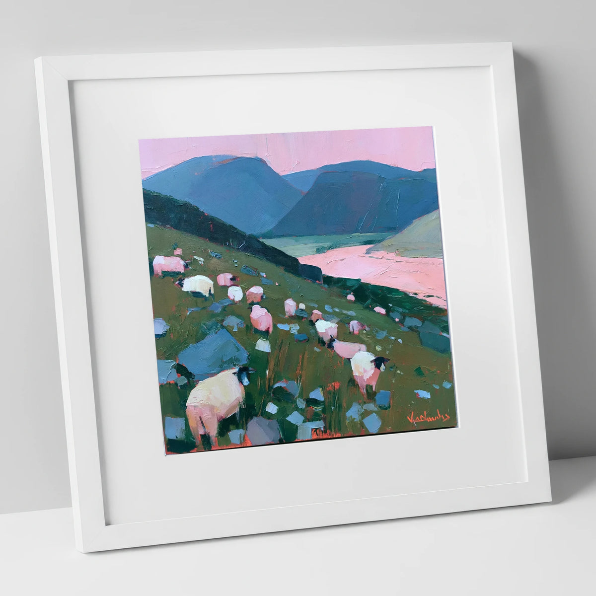 Herdwick Sheep Under Pink Skies lake district wildlife art print in white frame