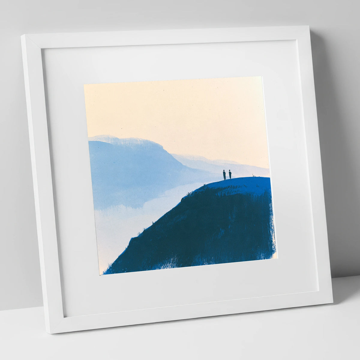 Silhouettes on a Blue Summit lake district fell art print in white frame