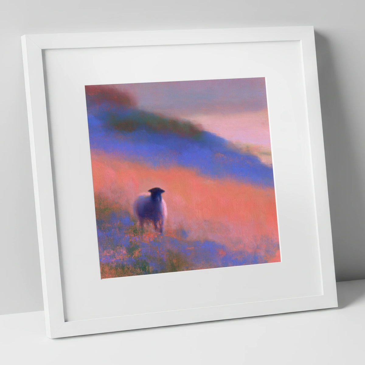 Herdwick Sheep in Twilight Mist lake district wildlife art print in white frame
