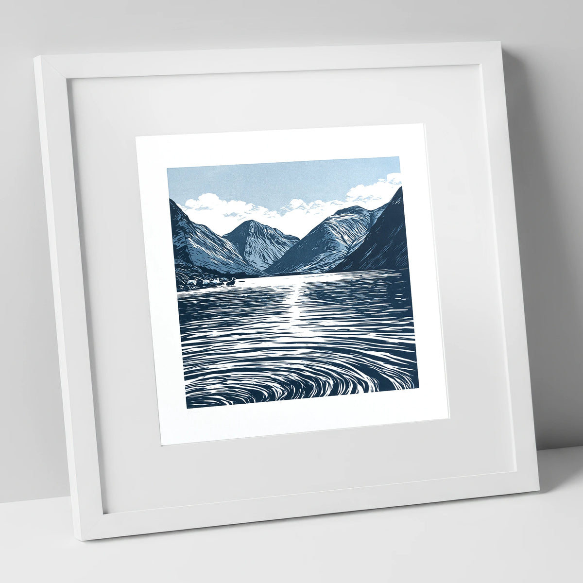 Wastwater Fells in Deep Navy lake district lake art print in white frame