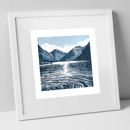 Wastwater Fells in Deep Navy lake district lake art print in white frame