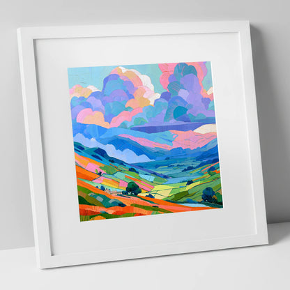 Colourful Fells Under Storm Clouds lake district sky art print in white frame