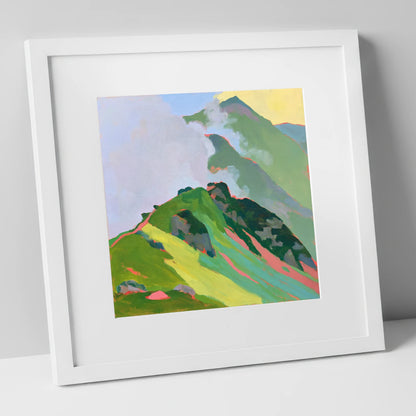 Vibrant Mountain Ridge in Mist lake district fell art print in white frame