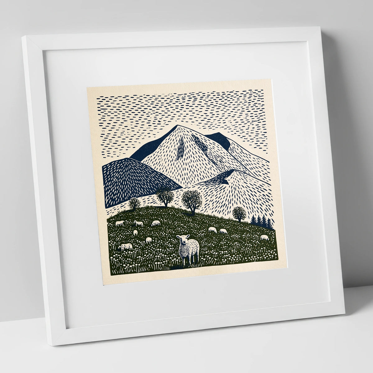Skiddaw with Grazing Flock lake district fell art print in white frame