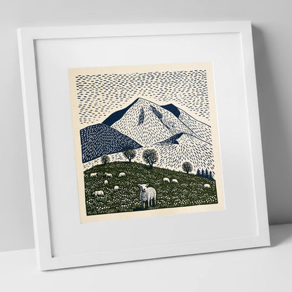 Skiddaw with Grazing Flock lake district fell art print in white frame