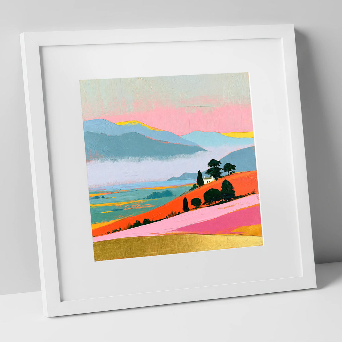 Vibrant Morning Valley Mist lake district sky art print in white frame