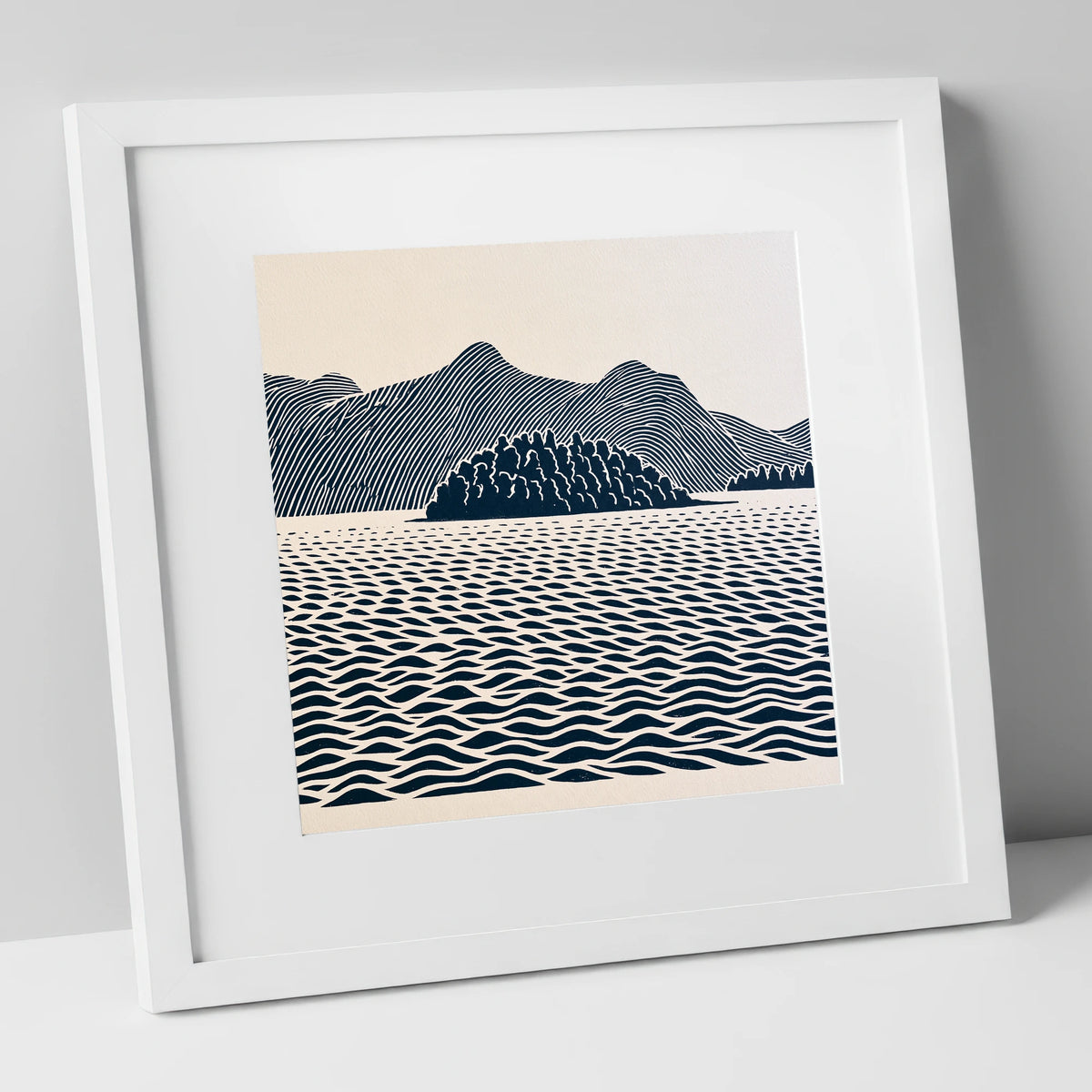 Derwentwater Island in Inky Blue lake district lake art print in white frame