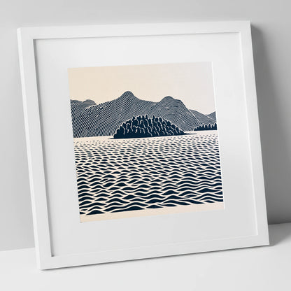 Derwentwater Island in Inky Blue lake district lake art print in white frame