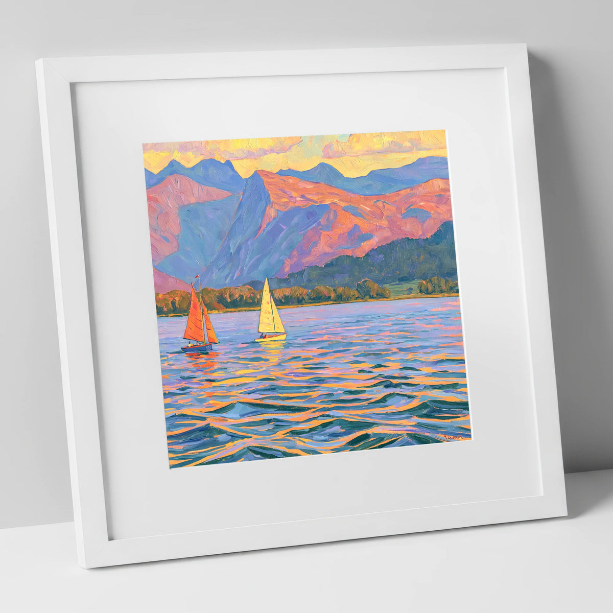 Colourful Evening Sails on Windermere lake district lake art print in white frame