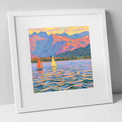 Colourful Evening Sails on Windermere lake district lake art print in white frame