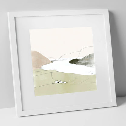 Loweswater Farm and Pale Fells lake district lake art print in white frame