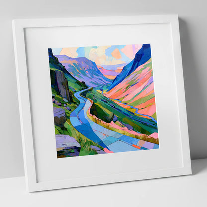 Colourful Winding Mountain Pass lake district valley art print in white frame