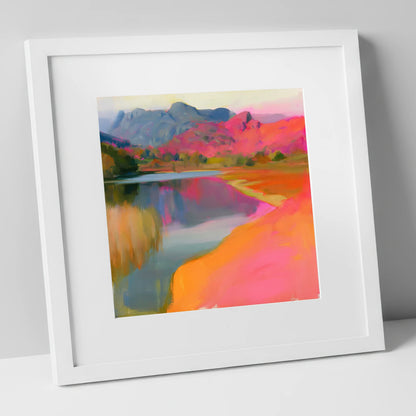 Vibrant Elterwater and Pink Fells lake district lake art print in white frame