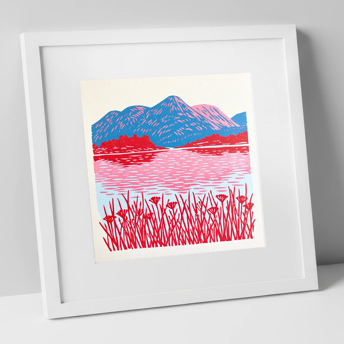 Vibrant Lake And Cobalt Fells lake district lake art print in white frame