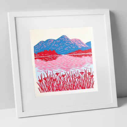 Vibrant Lake And Cobalt Fells lake district lake art print in white frame