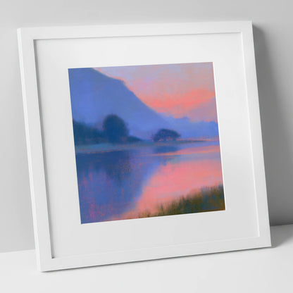Lake Reflections in Pink Twilight lake district lake art print in white frame