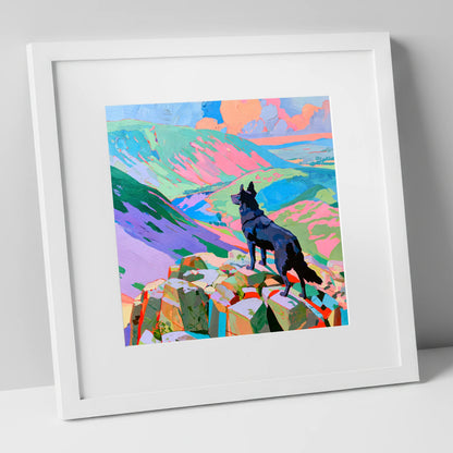 Black Dog on Vibrant Haystacks haystacks wall art art print in white frame