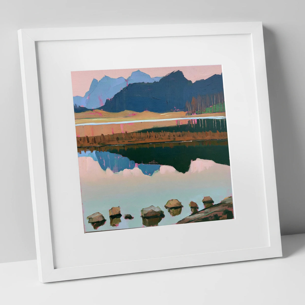 Blea Tarn with Pink Reflections lake district fell art print in white frame