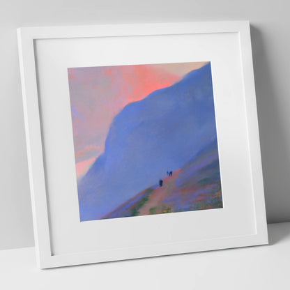 Walkers Ascending the Twilight Fell lake district walking art print in white frame