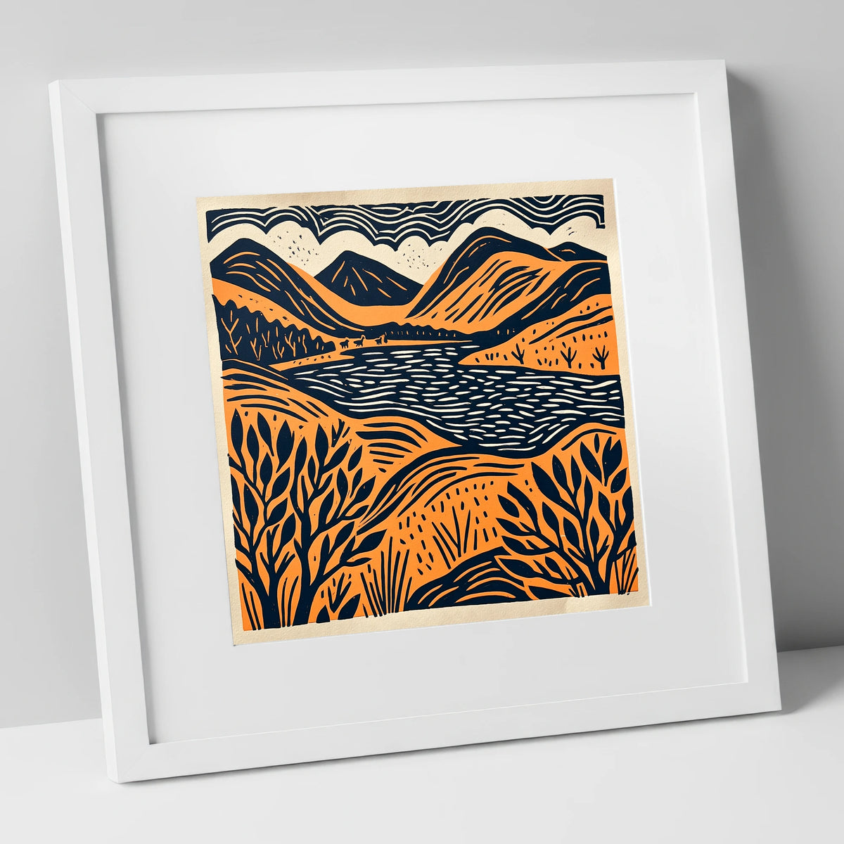 Terracotta and Navy Lake Fells lake district lake art print in white frame