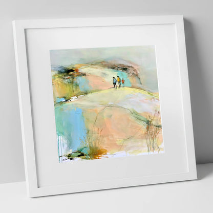 Hikers on the Pastel Fell lake district fell art print in white frame