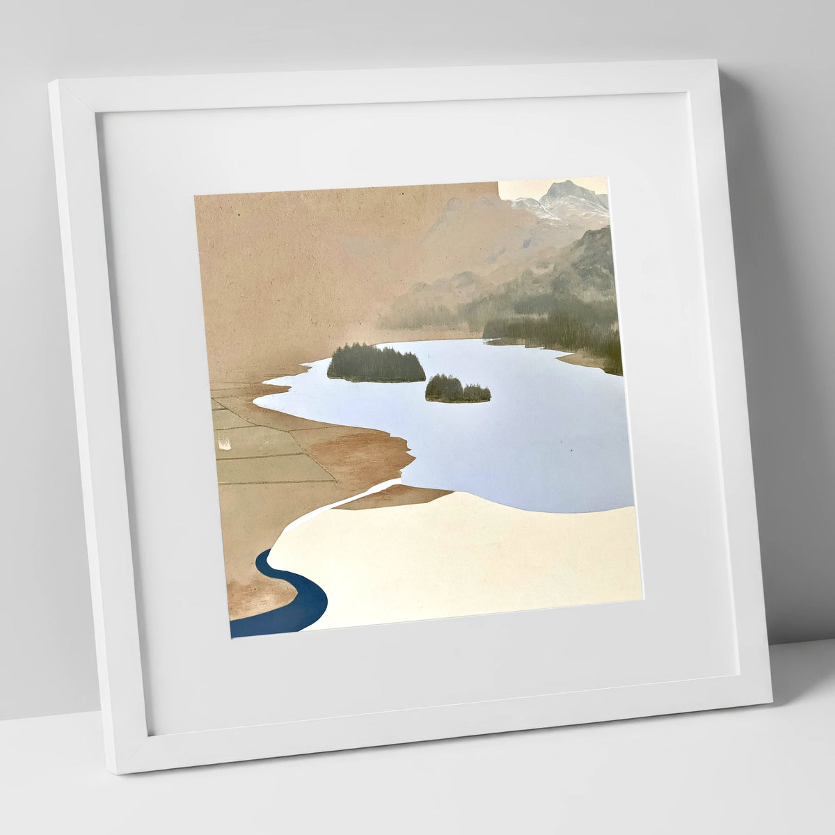Aerial View over Elterwater lake district lake art print in white frame