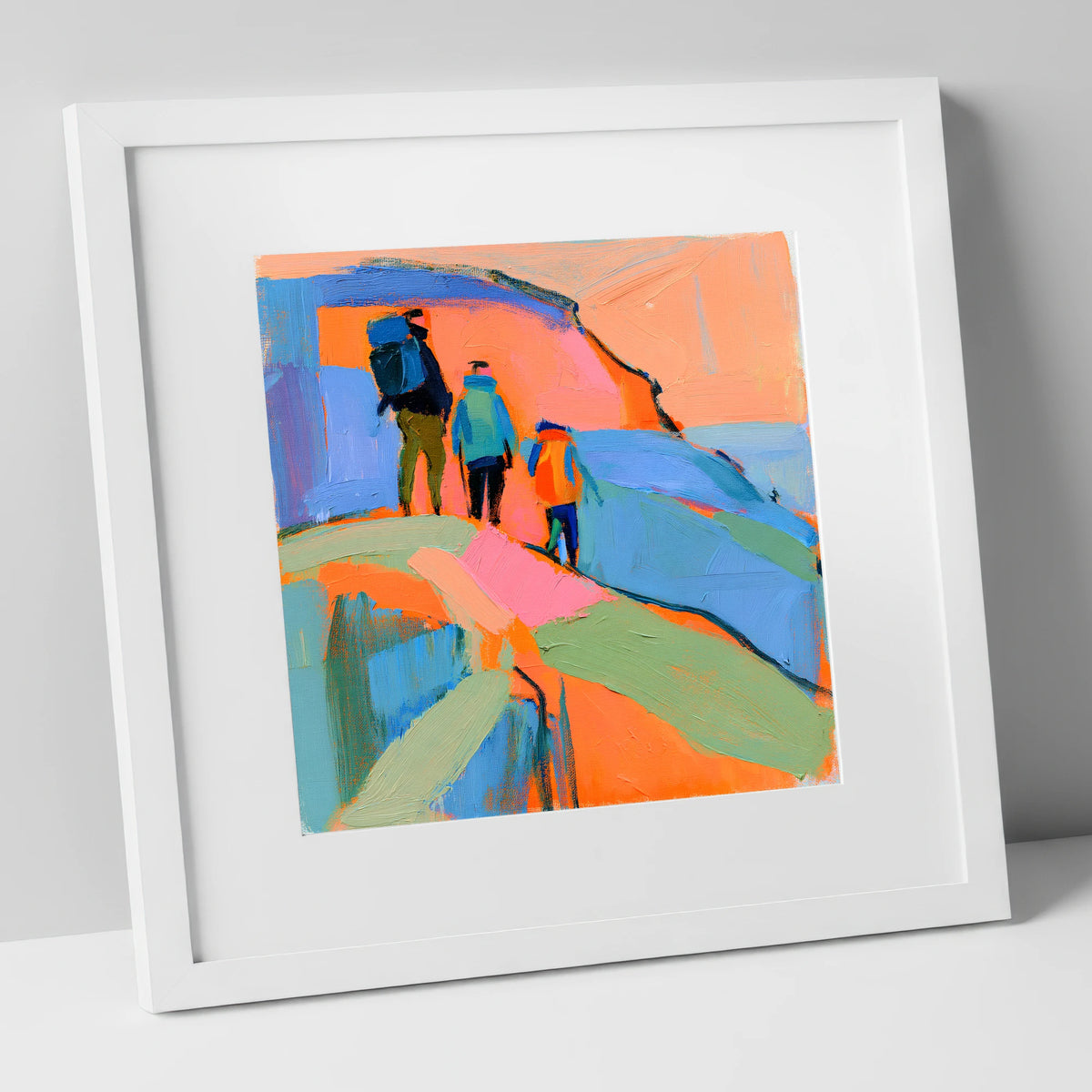 Abstract Hikers on a Fell lake district fell art print in white frame