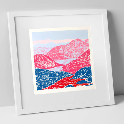 Cobalt and Crimson Summit View lake district fell art print in white frame