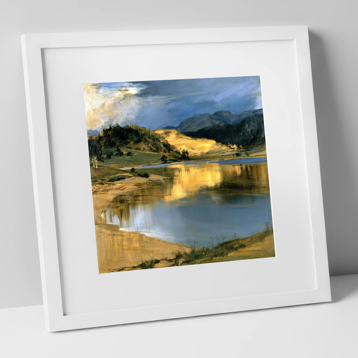 Lake Reflections in Golden Light lake district lake art print in white frame
