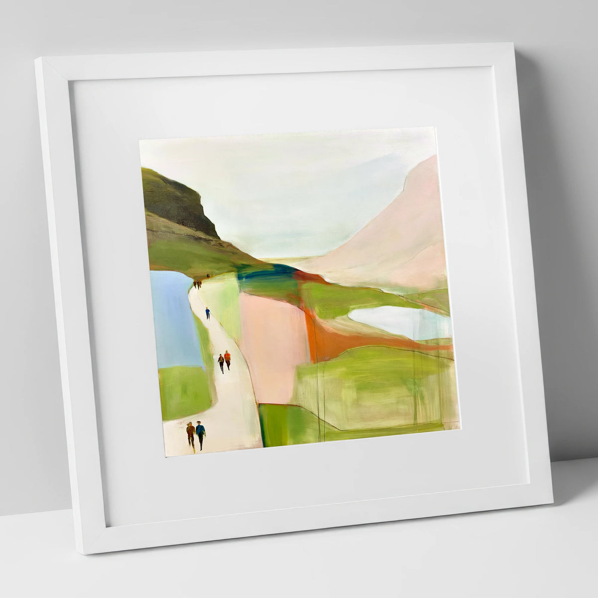Walkers on a Bright Mountain Path lake district walking art print in white frame