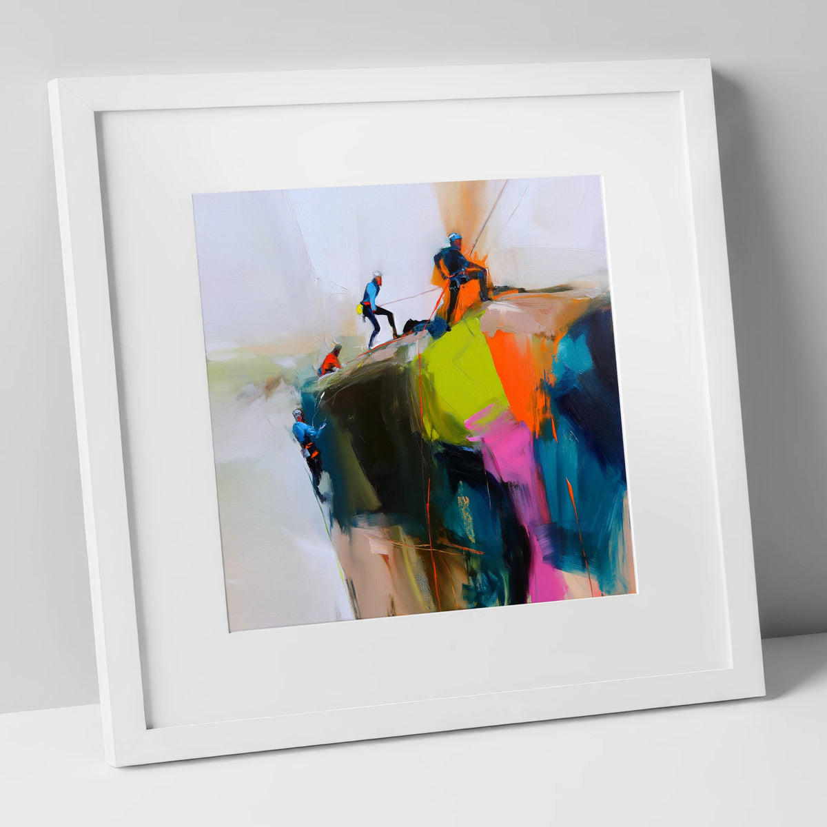 Crag Climbers in Vibrant Colour lake district walking art print in white frame