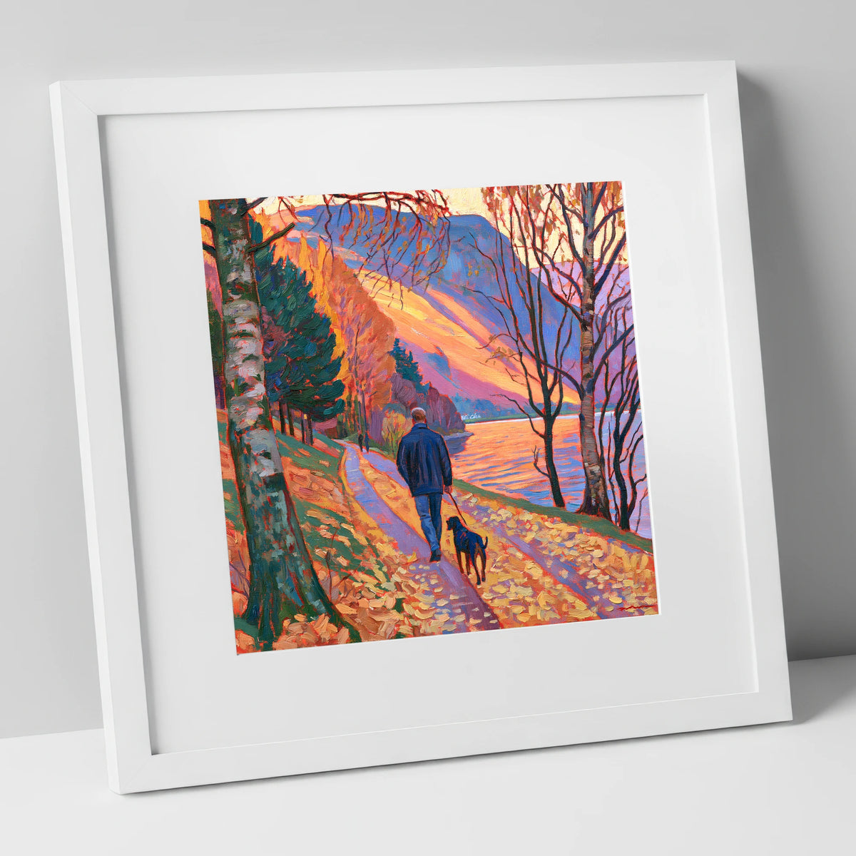 Autumn Dog Walk at Glenridding gifts for dog walkers art print in white frame