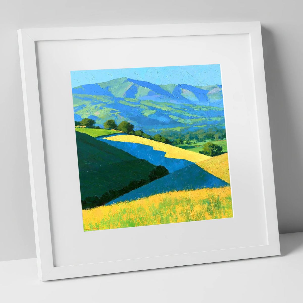 Sunlight and Cloud Shadows over Fells lake district sky art print in white frame