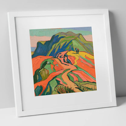 Vibrant Fell Walkers on the Ridge lake district fell art print in white frame