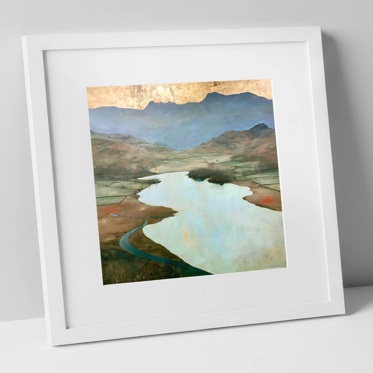 Golden Sky Over Elter Water lake district lake art print in white frame