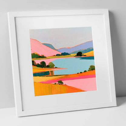 Pink Fells Over Teal Lake lake district lake art print in white frame